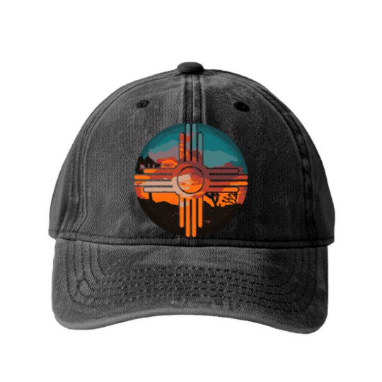 Discover New Mexico Zia Symbol And Landscape Art Washed Denim Baseball Caps Washed Denim Baseball Caps