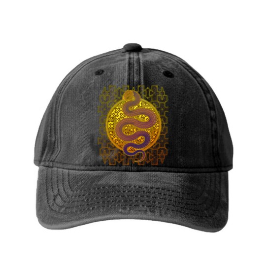 Discover Cosmic Serpent, Kene Anaconda Shipibo Pattern Washed Denim Baseball Caps