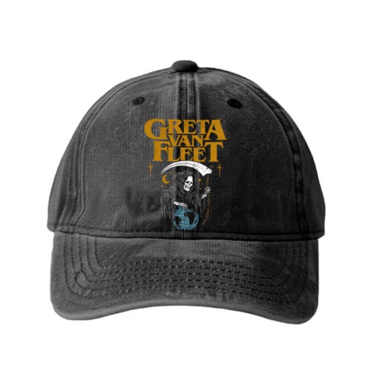 Discover Greta Van Fleet Washed Denim Baseball Caps, Retro Greta Van Washed Denim Baseball Caps, Dream In Gold Tour 2023 Washed Denim Baseball Caps