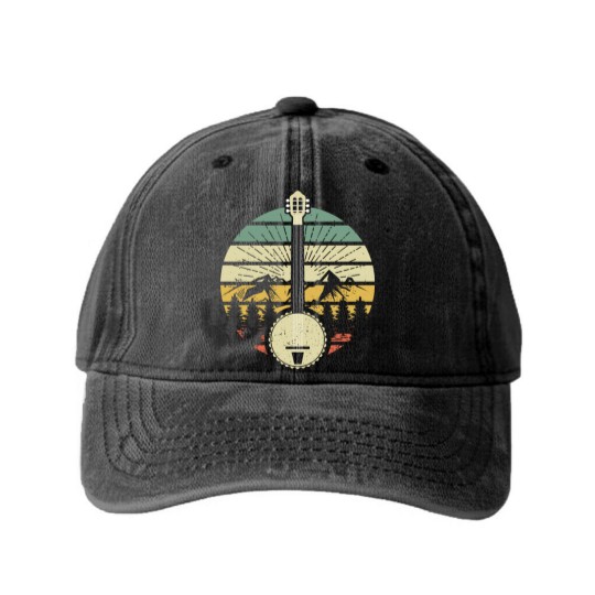 Discover Retro Banjo Mountains And Sun 80's Graphic Gift Washed Denim Baseball Caps