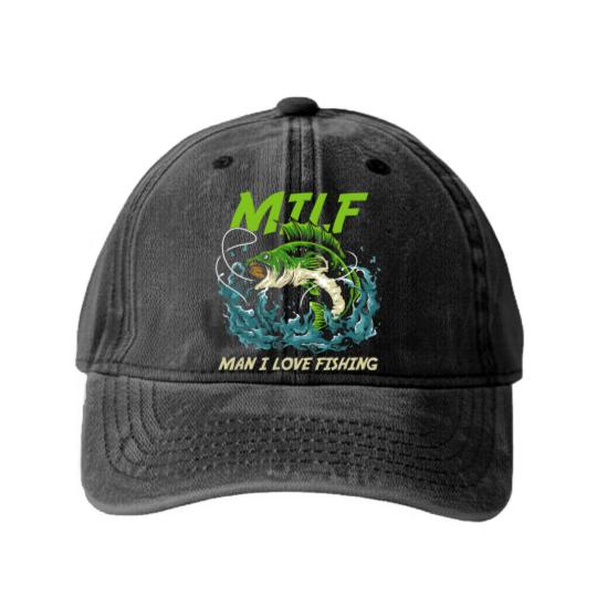 Discover Fishing Man I Love Fishing Attractive Woman MILFS Fisher Washed Denim Baseball Caps