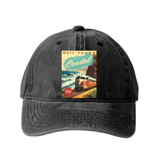 Discover Neil Young Coastal 2023 Tour Washed Denim Baseball Caps, Neil Young Washed Denim Baseball Caps, Neil Young Tour Poster Washed Denim Baseball Caps