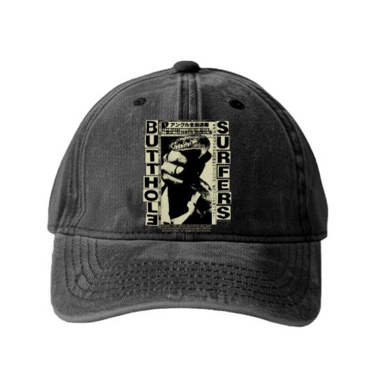 Discover Butthol Surfers Vintage 90s Black Unisex Washed Denim Baseball Caps, Cotton Soft Washed Denim Baseball Caps,