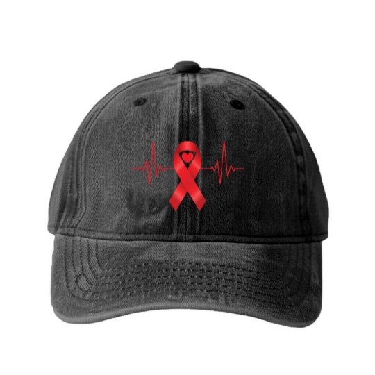 Discover World Aids Day Red Heartbeat Aids Awareness Hiv Washed Denim Baseball Caps