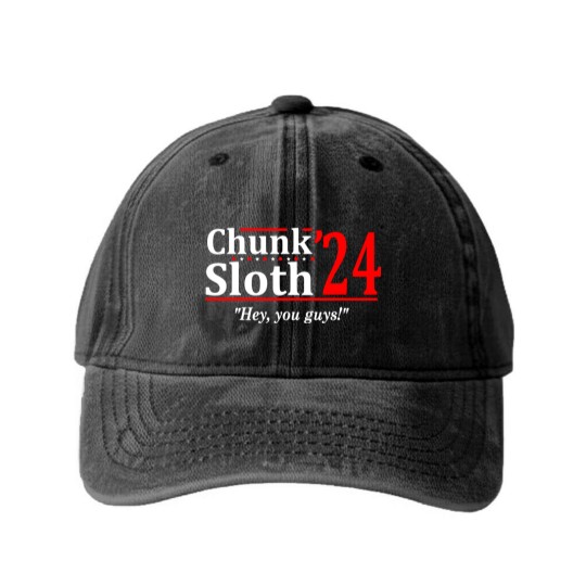Discover Chunk and Sloth '24 - election funny 80s retro humor Washed Denim Baseball Caps