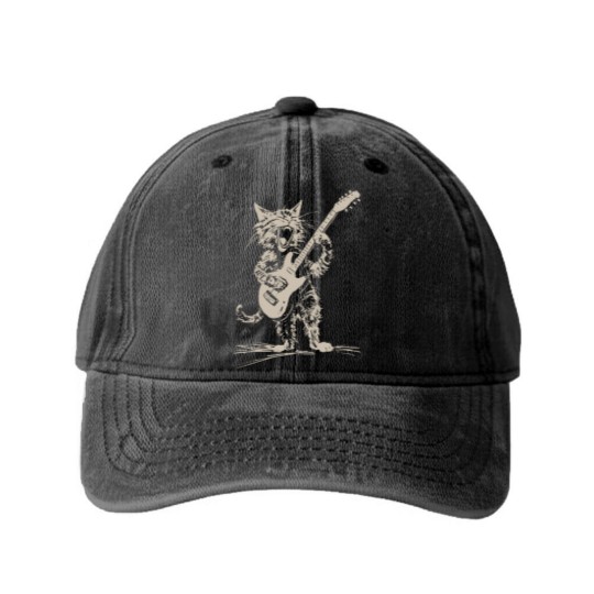 Discover Cat Strumming the Guitar Washed Denim Baseball Caps, Cat Playing Bass Guitar Washed Denim Baseball Caps