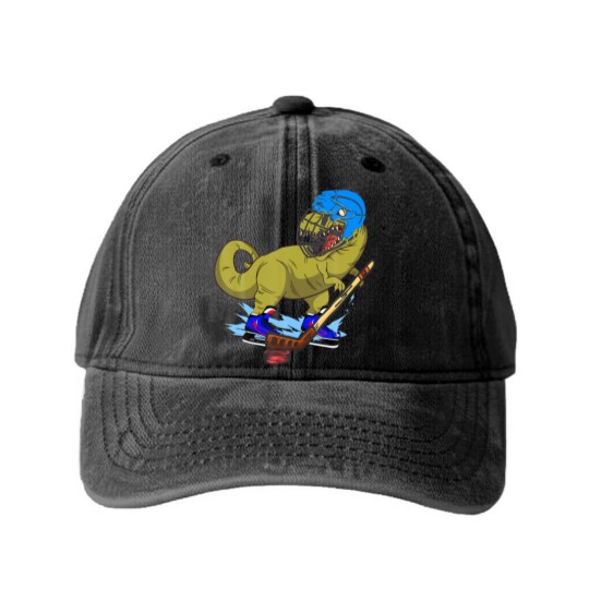 Discover Ice Hockey Dino Hockey Dinosaur Play Ice Hockey Re Washed Denim Baseball Caps