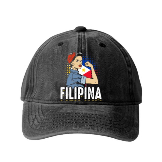 Discover Proud Filipina Woman Girl Philippines Flag Washed Denim Baseball Caps