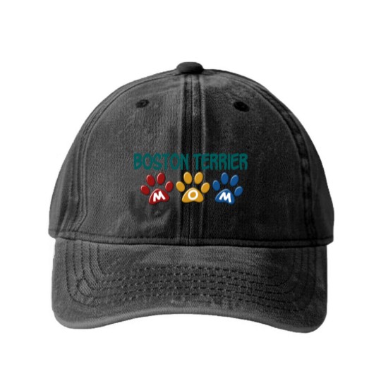 Discover BOSTON TERRIER MOM Paw Print 1 Washed Denim Baseball Caps