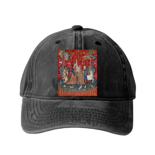 Discover Lady and Unicorn Medieval Tapestry Washed Denim Baseball Caps