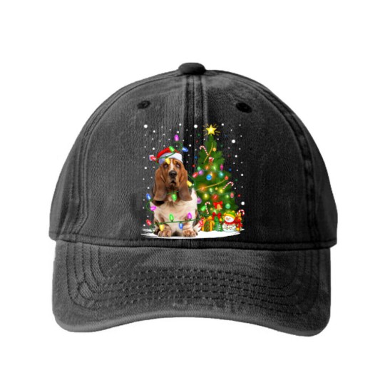 Discover Dog Basset Hound Lighting Xmas Tree Santa Basset Hound Dog Christmas Washed Denim Baseball Caps