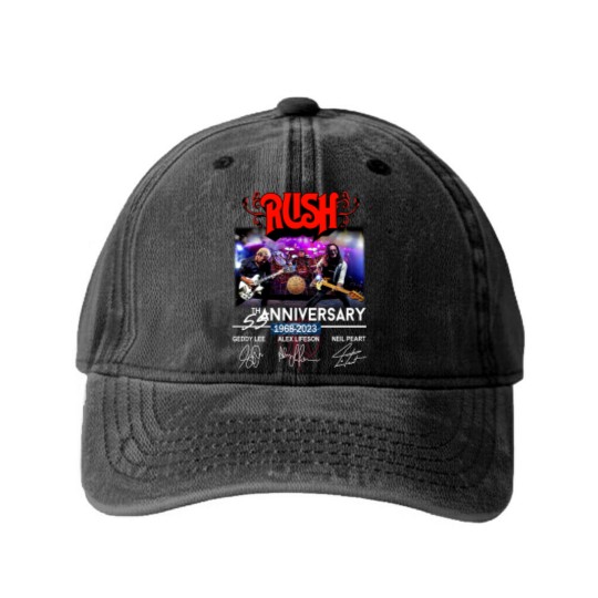 Discover New 55 Years RUSH Band 1968-2023 Signatures Washed Denim Baseball Caps