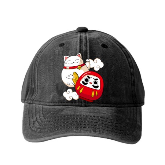 Discover Maneki Neko Lucky Cat Japanese Daruma Doll Kawaii Washed Denim Baseball Caps