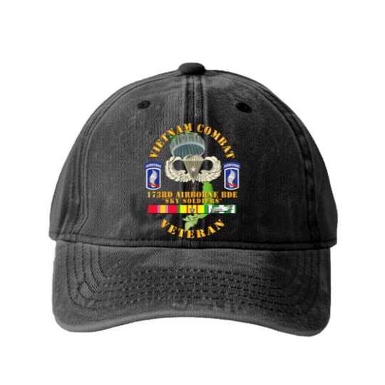 Discover Vietnam Combat Infantry Veteran w 173rd Airborne Bde SSI V1 Washed Denim Baseball Caps