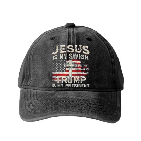 Discover Jesus Is My Savior Trump Is My President American Flag Washed Denim Baseball Caps