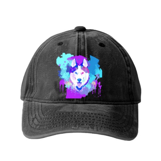 Discover Husky Artwork Husky Dog Watercolor, Husky Artwork, Husky apparel, Colorful Husky Washed Denim Baseball Caps