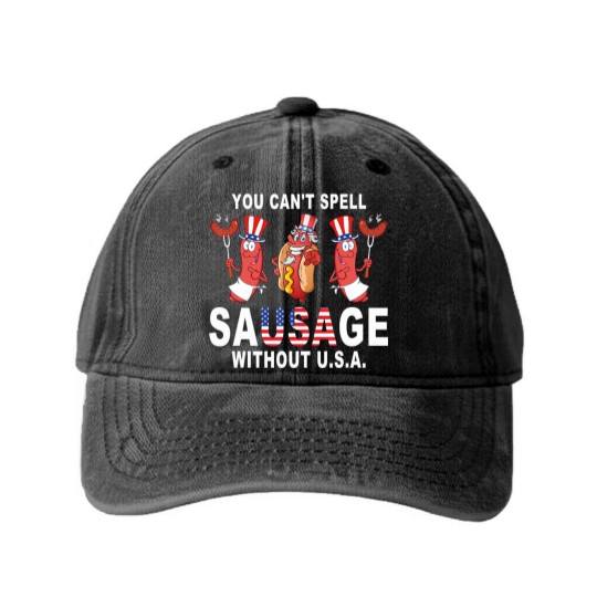Discover you can spell sausage wihou usa 4h of july american flag shir Washed Denim Baseball Caps