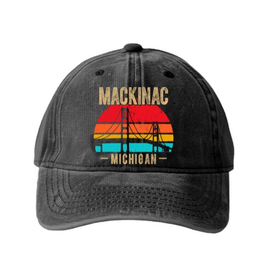 Discover mackinac bridge mackinaw retro vintage michigan souvenir Washed Denim Baseball Caps