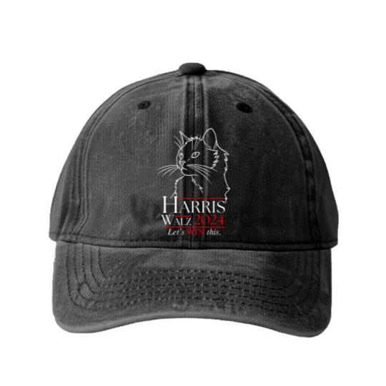 Discover Harris Walz 2024 Washed Denim Baseball Caps Cat Lady for Kamala Harris Walz Washed Denim Baseball Caps Cat Ladies
