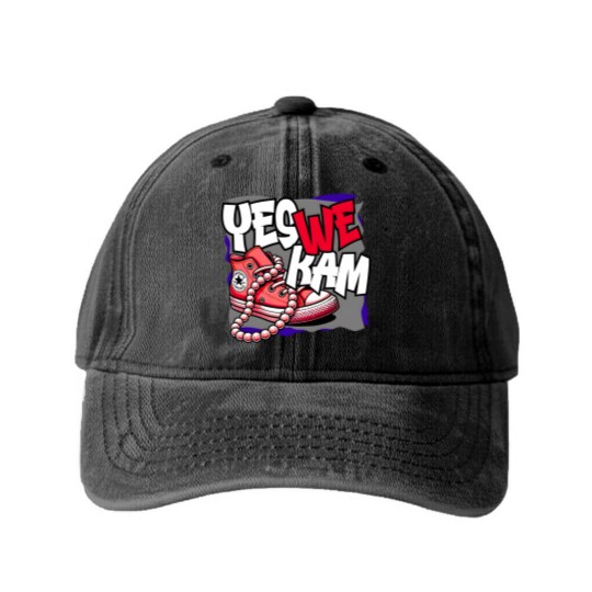 Discover Kamala Harris , Yes We Kam, red white and blue, Washed Denim Baseball Caps