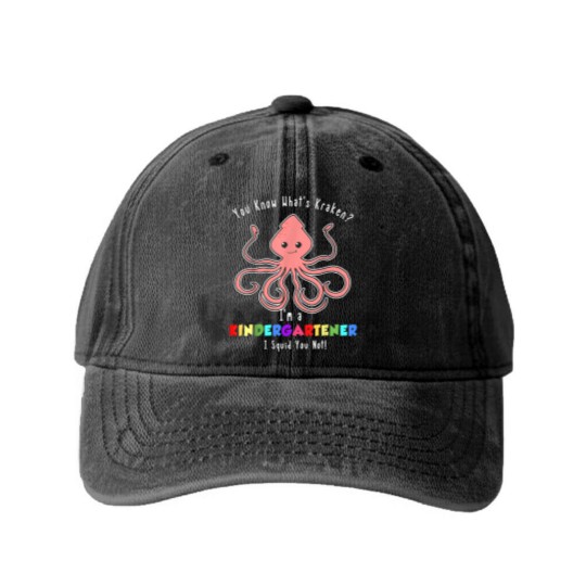 Discover Kindergarten Kraken Funny Back to School Pun Quote Joke Washed Denim Baseball Caps