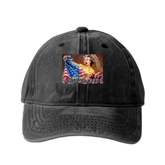 Discover North Korea Propaganda 2 Washed Denim Baseball Caps