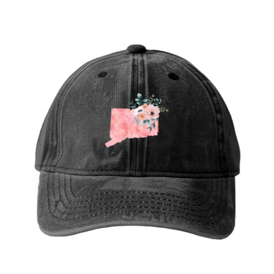 Discover Connecticut Floral - Connecticut State - Washed Denim Baseball Caps
