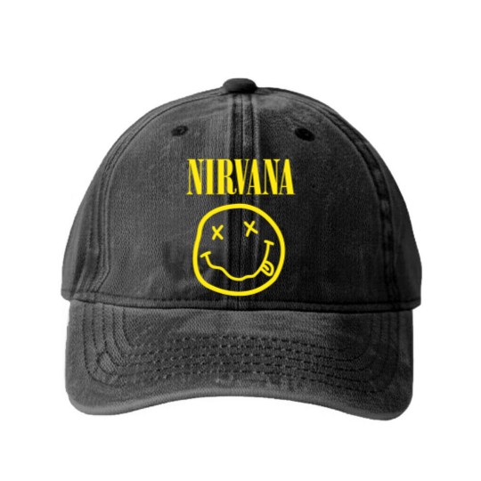 Discover Nirvanaa Yellow Smiley Washed Denim Baseball Caps