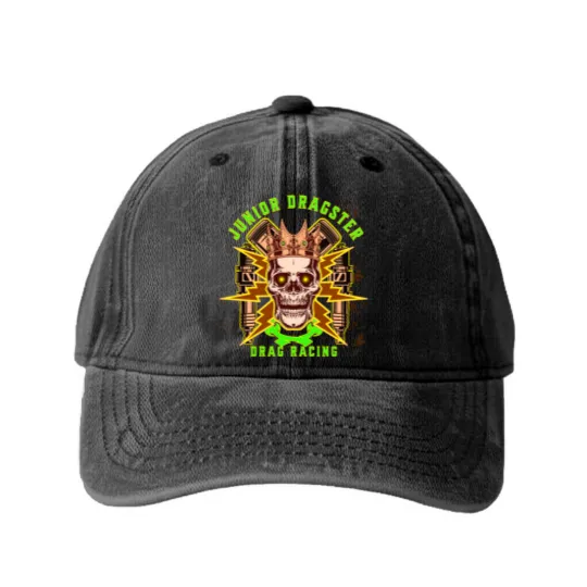 Discover Junior Dragster Drag Racing Skull Spark Plugs Piston Rods Jr Dragster Drag Racer Dragster Driver Cla Washed Denim Baseball Caps
