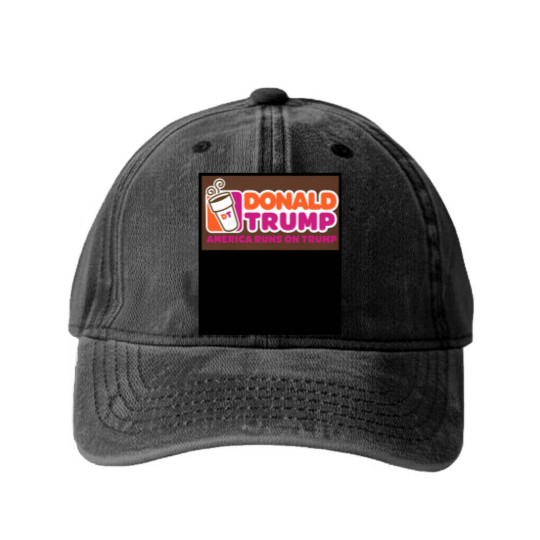 Discover America runs on Trump, Donald Trump Washed Denim Baseball Caps, Punny Washed Denim Baseball Caps, Dunkin, Coffee Washed Denim Baseball Caps