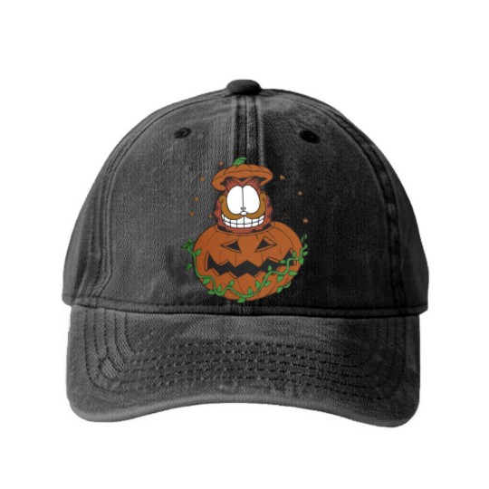 Discover Halloween Garfield Pumpkin Washed Denim Baseball Caps, Halloween Pumpkin Garfield Cat Washed Denim Baseball Caps