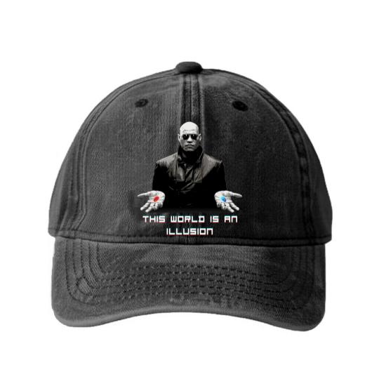Discover The World is an Illusion Washed Denim Baseball Caps, The Matrix, Red Pill, Blue Pill