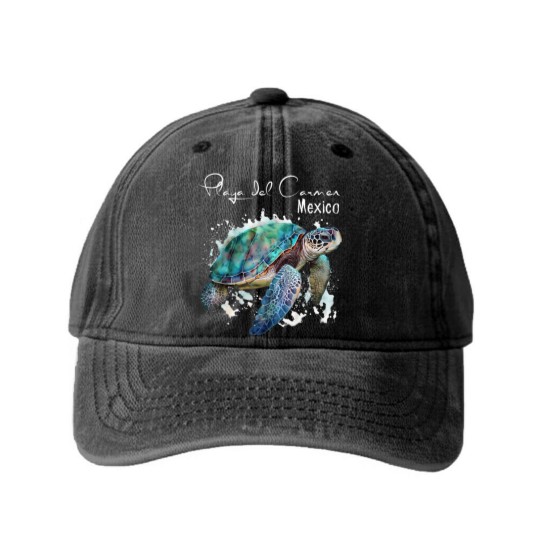 Discover playa del carmen mexico sea turtle playa souvenir t Washed Denim Baseball Caps