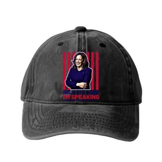 Discover Harris Kamala I'm Speaking Washed Denim Baseball Caps, Madam President Washed Denim Baseball Caps, Kamala Rally Washed Denim Baseball Caps, Presidential Election 2024 Washed Denim Baseball Caps