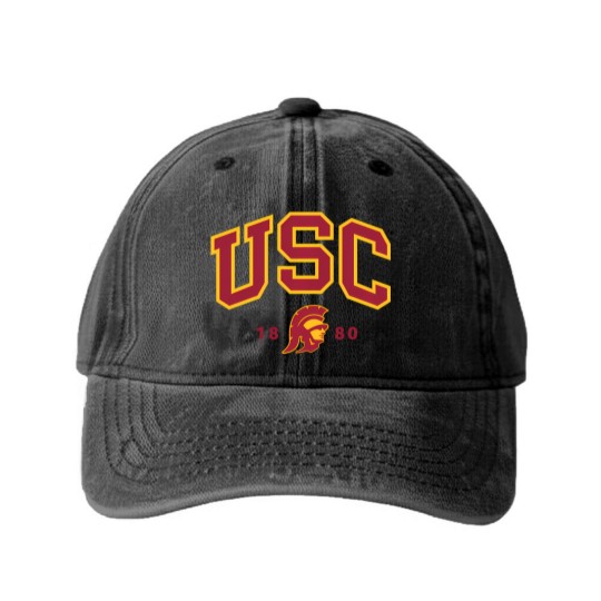 Discover usc curved block logo with cardinal gold trojan 1880 sweat Washed Denim Baseball Caps