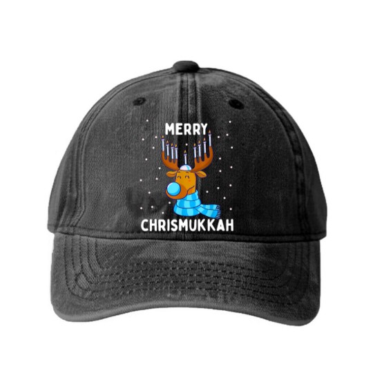 Discover Merry Chrismukkah Jewish Christmas Hanukkah Reindeer Menorah Washed Denim Baseball Caps