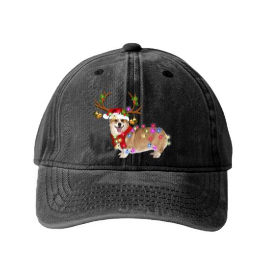 Discover Christmas Corgi Reindeer Washed Denim Baseball Caps, Santa's Hat Corgi Washed Denim Baseball Caps