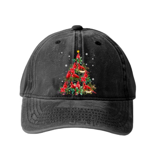 Discover Vintage Christmas Cardinal Birds Snowings Xmas Tree Lights Washed Denim Baseball Caps