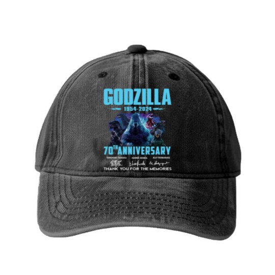 Discover God zilla 1954-2024 70th Anniversary Thank You Washed Denim Baseball Caps, God zilla Washed Denim Baseball Caps