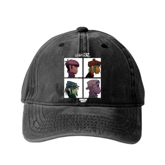 Discover Gorillaz Washed Denim Baseball Caps Mens Demon Days Band Logo Washed Denim Baseball Caps Short Sleeve Black
