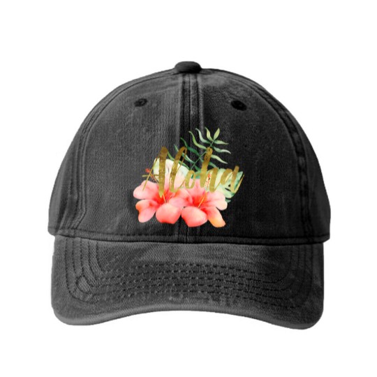 Discover Tropical Leaves Hibiscus Floral Watercolor Aloha Washed Denim Baseball Caps
