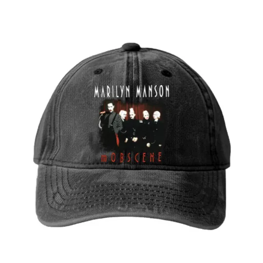 Discover Marilyn Manson mOBSCENE Washed Denim Baseball Caps, Vintage Alt Goth Rock Music