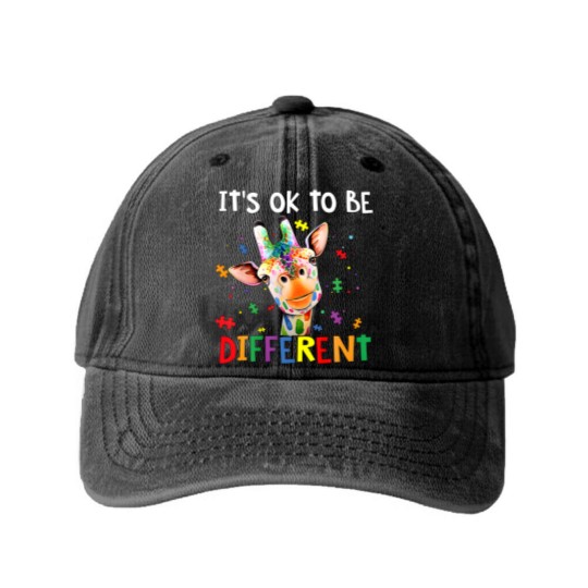 Discover Autism Awareness Cute Giraffe Animal It's Ok To Be Washed Denim Baseball Caps