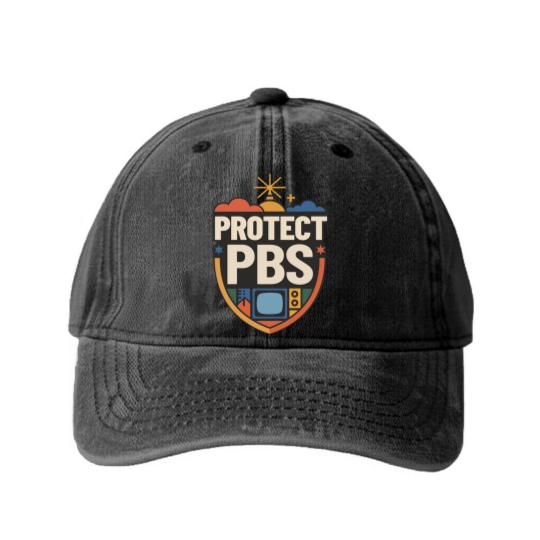 Discover Protect PBS Washed Denim Baseball Caps, PBS Unisex Washed Denim Baseball Caps, Political Protest Washed Denim Baseball Caps, Save Public Broadcasting, Anti Trump Washed Denim Baseball Caps
