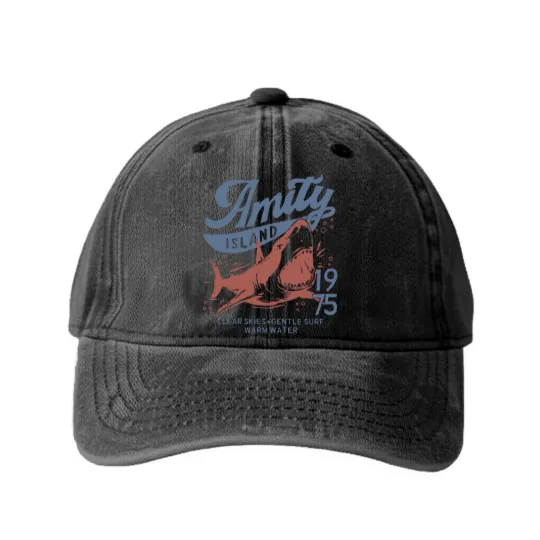 Discover Jaws Amity Island 1975 Clear Skies Gentle Surf Warm Water White Washed Denim Baseball Caps