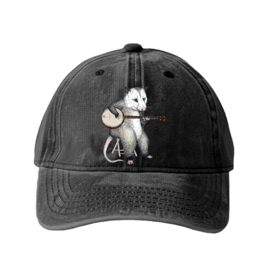 Discover Opossum Playing Banjo Guitar Possum Live Weird Trash Kitty Washed Denim Baseball Caps