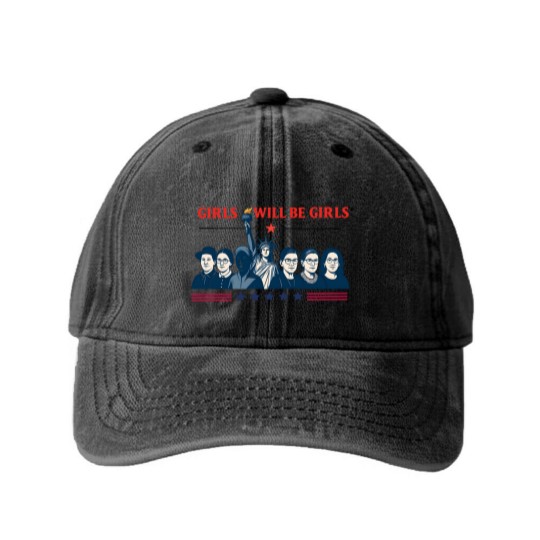 Discover Girls Will be Girls Comfort Colors Washed Denim Baseball Caps, Patriotic Feminist 4th of July Washed Denim Baseball Caps