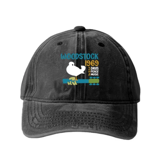 Discover woodstock 50th anniversary 1969 2020,Woodstock Washed Denim Baseball Caps,Woodstock 1969 ,Peace Love Bird - Woodstock - Washed Denim Baseball Caps
