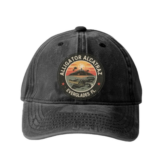 Discover Alligator Alcatraz Washed Denim Baseball Caps, Everglades Florida Parody Washed Denim Baseball Caps, Funny Vintage