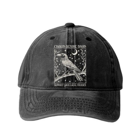 Discover Crows Before Bros Washed Denim Baseball Caps, Funny Halloween Washed Denim Baseball Caps, Punny Crow Washed Denim Baseball Caps